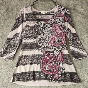 Dress Barn Womens Blouse Size Small Black White Pink Paisley Long Sleeve Top